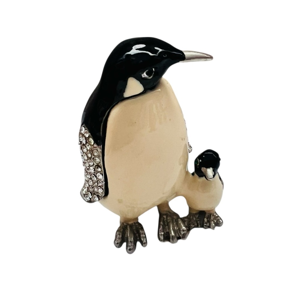 Vintage Penguins Enamel Crystal Jeweled Hinged Trinket Box